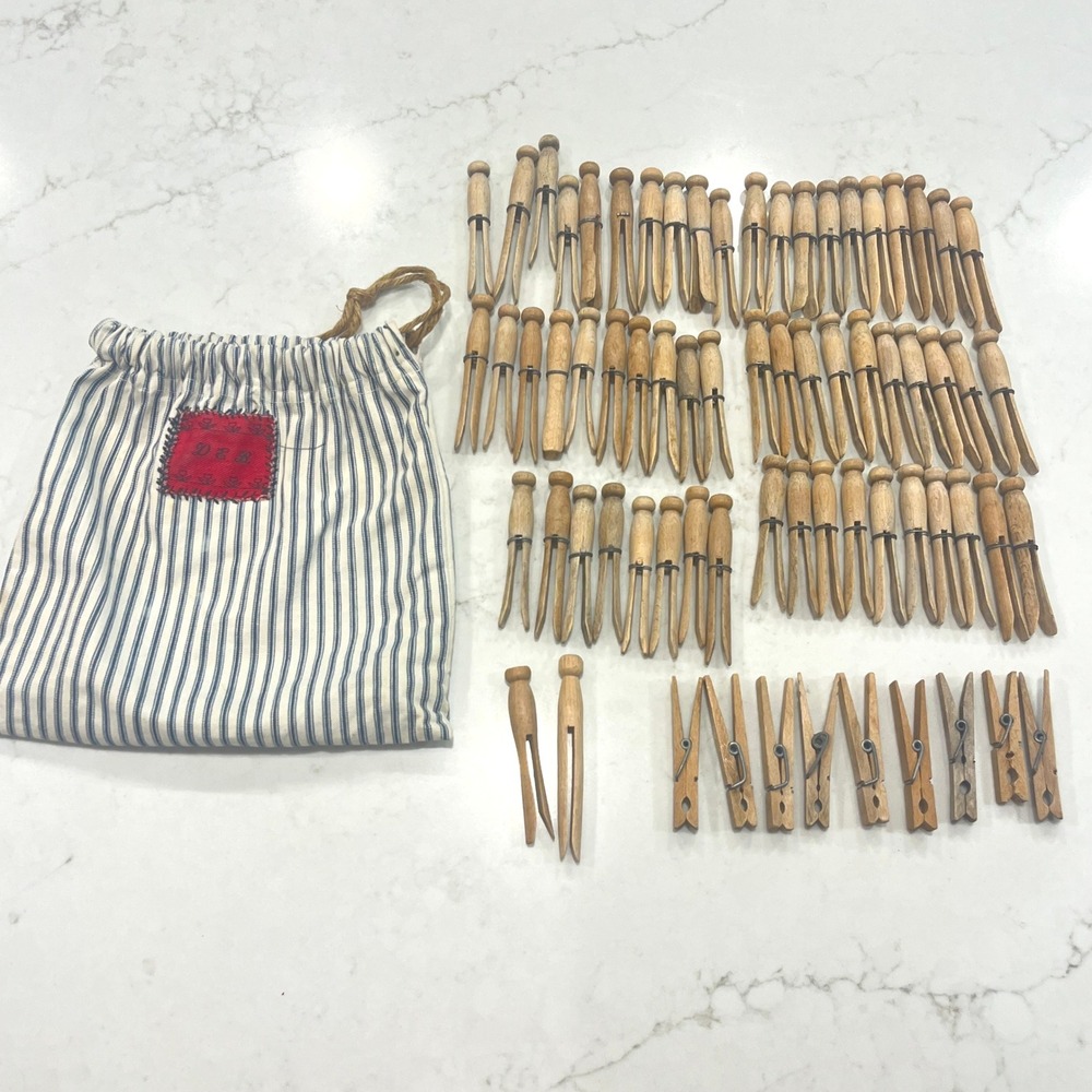 Vtg Lot 60 Wooden Round Headed Wire Wrapped Clothespins Bag & 9 Laundry Clips
